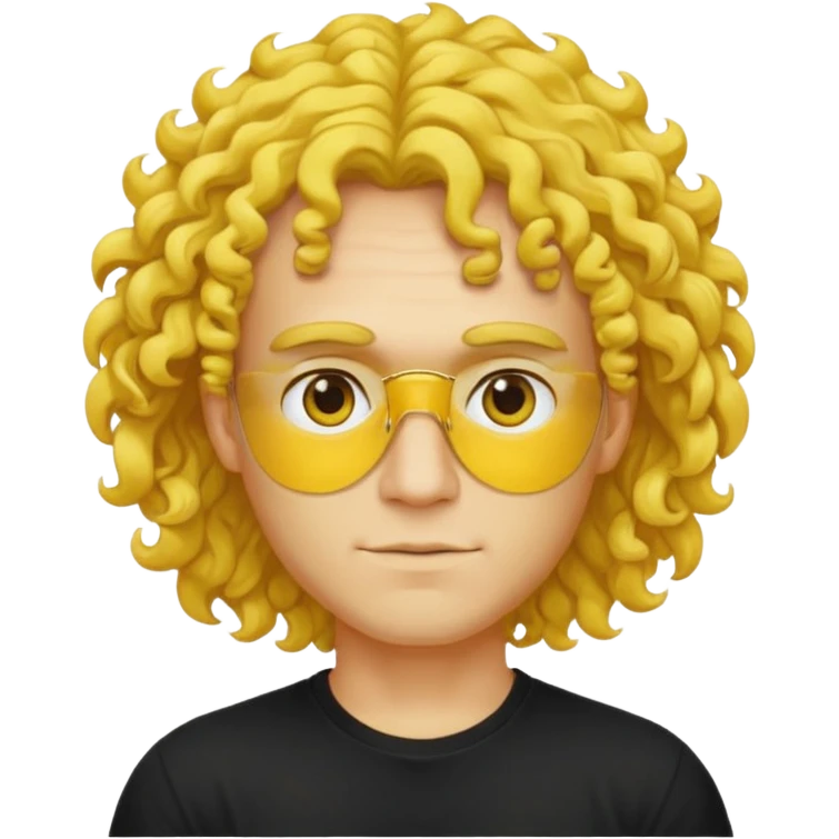 a yellow-faced standard man with mid-long curly hair wearing a black t-shirt, face and shoulders. The yellow of the face is very bright. emoji