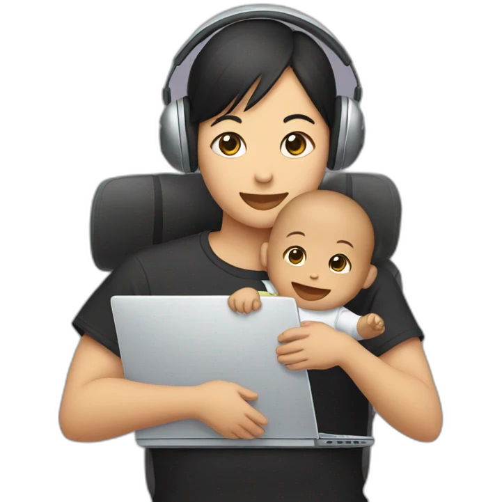black t-shirt, asian with headset carrying baby in front of a computer emoji