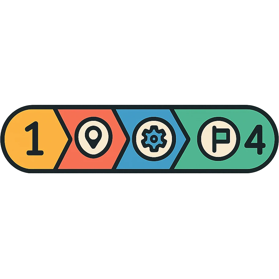 modern horizontal progress bar with colored segments for each phase, numbers and icons, isolated on white background emoji