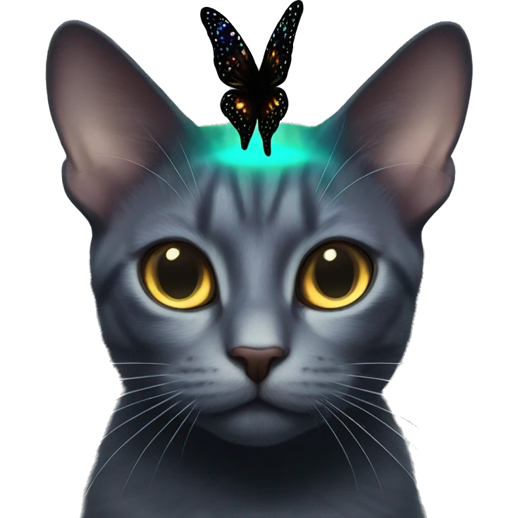 Dark iridescent butterfly glowing on top of cats head  emoji