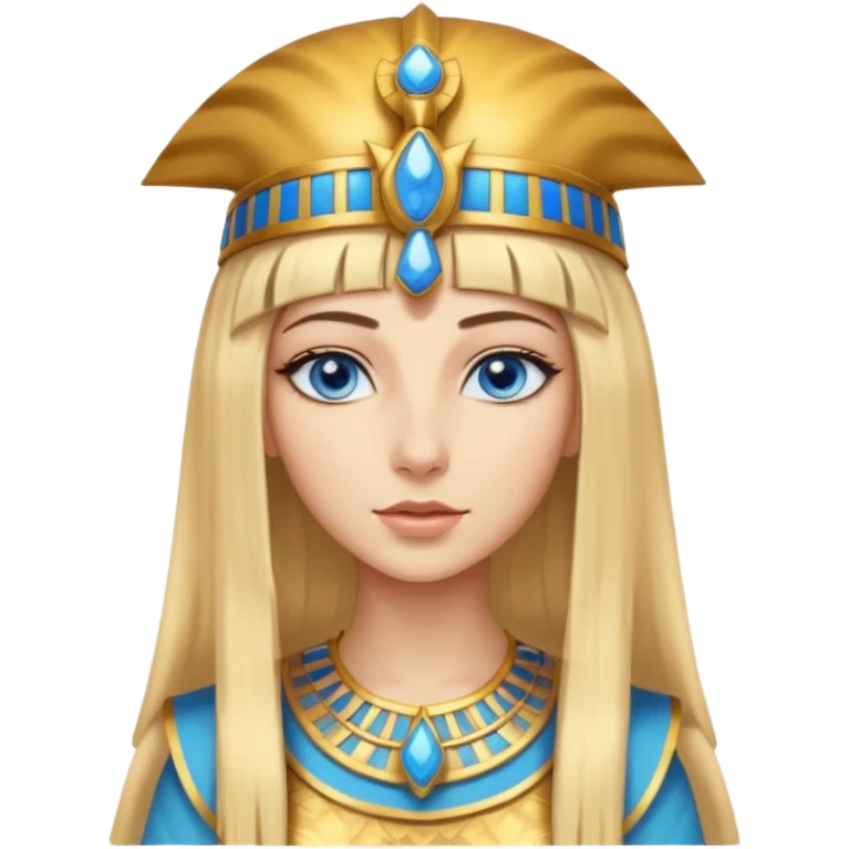 Cleopatra vestita da faraone con il cappello da faraone ma con gli occhi azzurri e i capelli lunghi biondi non troppo chiari con il cappello da faraone dorato senza frangia capelli medio lunghi   emoji
