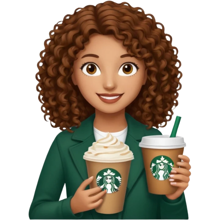 Girl, brown curly hair and brown eyes, Starbucks emoji