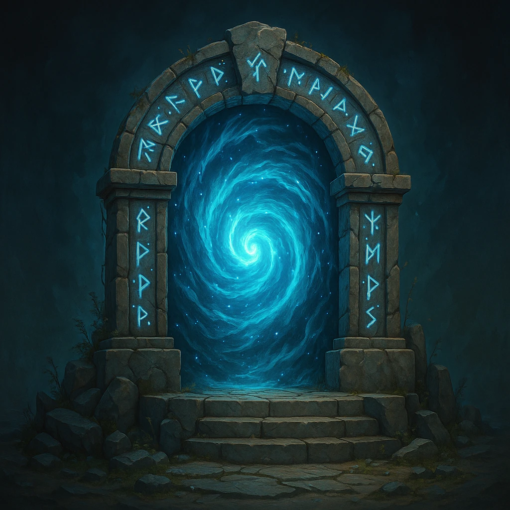 a really cool portal, ancient stone arch, magical runes, mystical style emoji