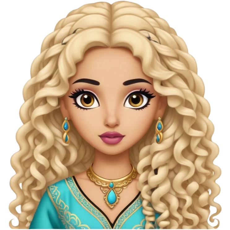arabian nose, pretty lips, arabian clothes, light skin,  long curly hair, pretty bratz baddie, black eyeliner emoji