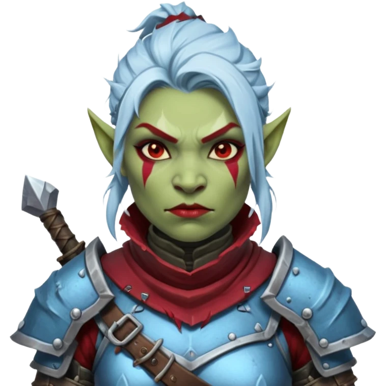 
Fantasy Christmas orc legion soldier icon, iron tundra army theme, heavy winter armor, disciplined brutal look, icy blue steel armor with deep crimson accents, frozen metal texture, cold winter atmosphere, female variant
 emoji