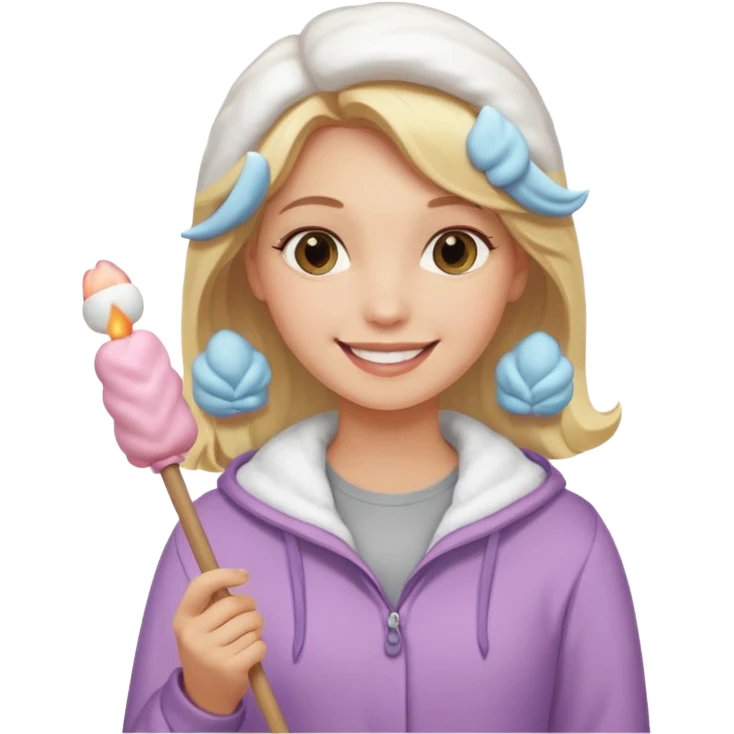 blonde woman cute clothes holding marshmallow stick emoji