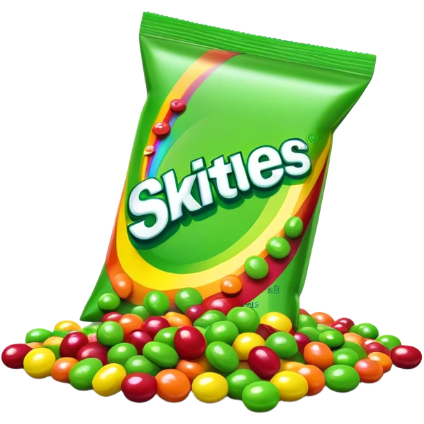 Skittles candy package with green candies spilling out, minimalist emoji
