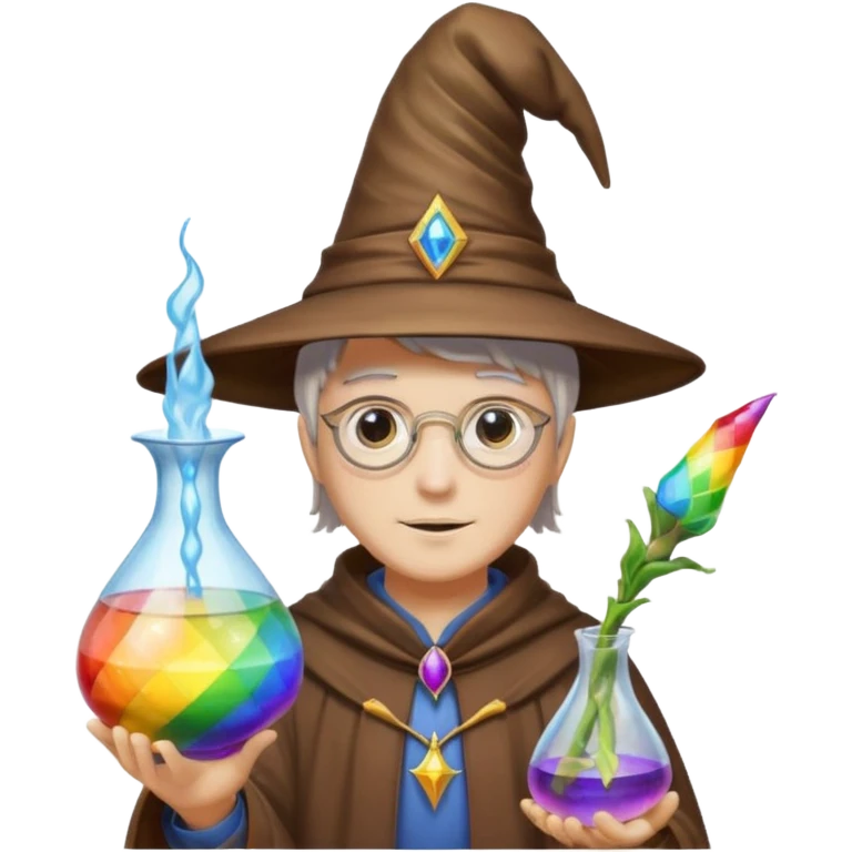 costume, wearing wizard hat custome, with glass vase, rainbow emoji