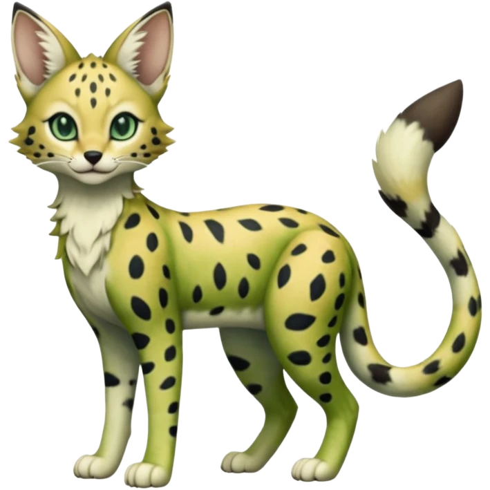 Epic complex detailed dark-hunter-green dark-brown beige pastel realistic aesthetic-scenic-Fakémon-Sprigatito-Floragato-Meowscarada-Trico-Sergal-Serval-Vernid-creature (full body) emoji