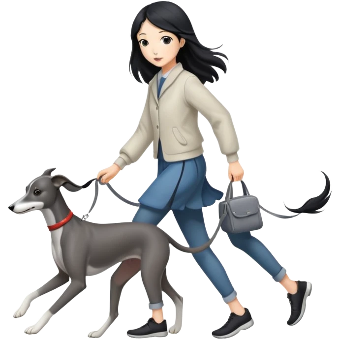 Japanese girl with flowing hair walking a grey greyhound emoji