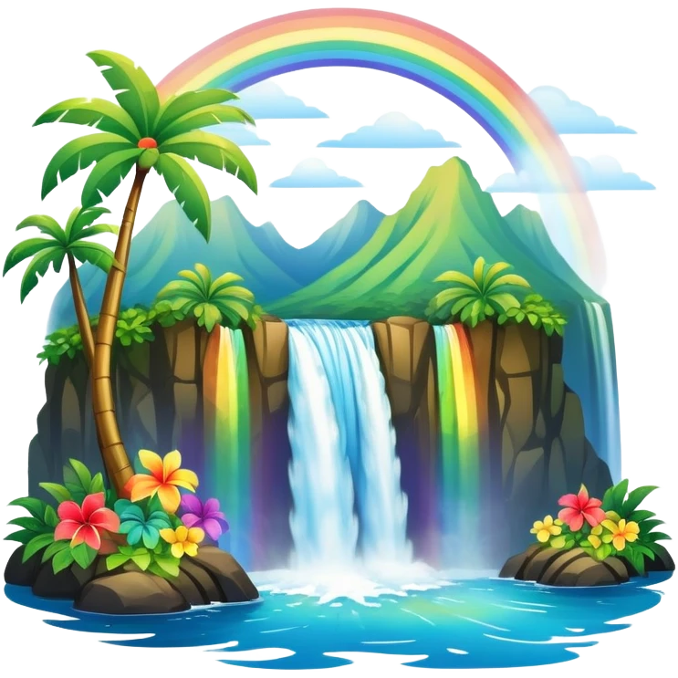 Hawaiian waterfall with rainbow emoji
