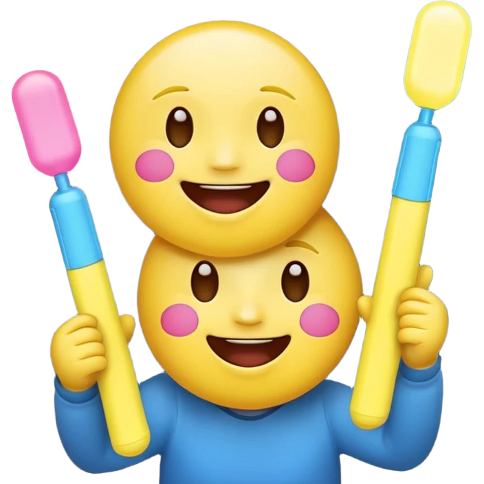 An excited yellow emoji face with closed smiling eyes and blushing cheeks, cheering enthusiastically while holding up two glow sticks (one blue, one pink). It represents high energy, fandom, and celebration. emoji