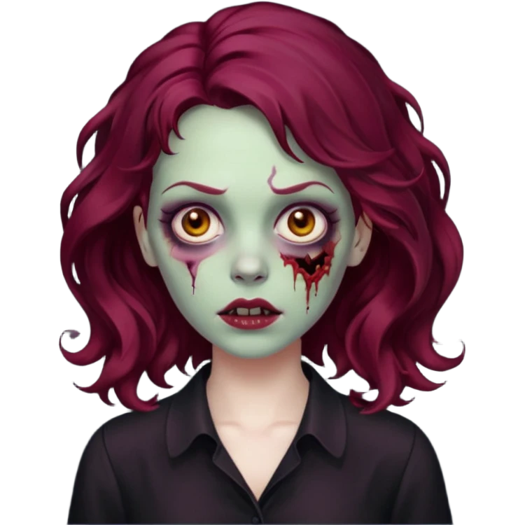 Faça me um emoji de um zumbi mulher de cabelos vermelho borgonha ondulado usando uma blusa preta emoji