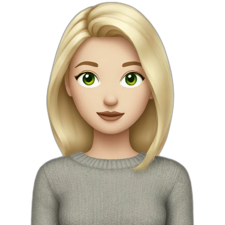medium blonde girl with page cut, eyeliner, green eyes, pale skin and a grey sweater emoji