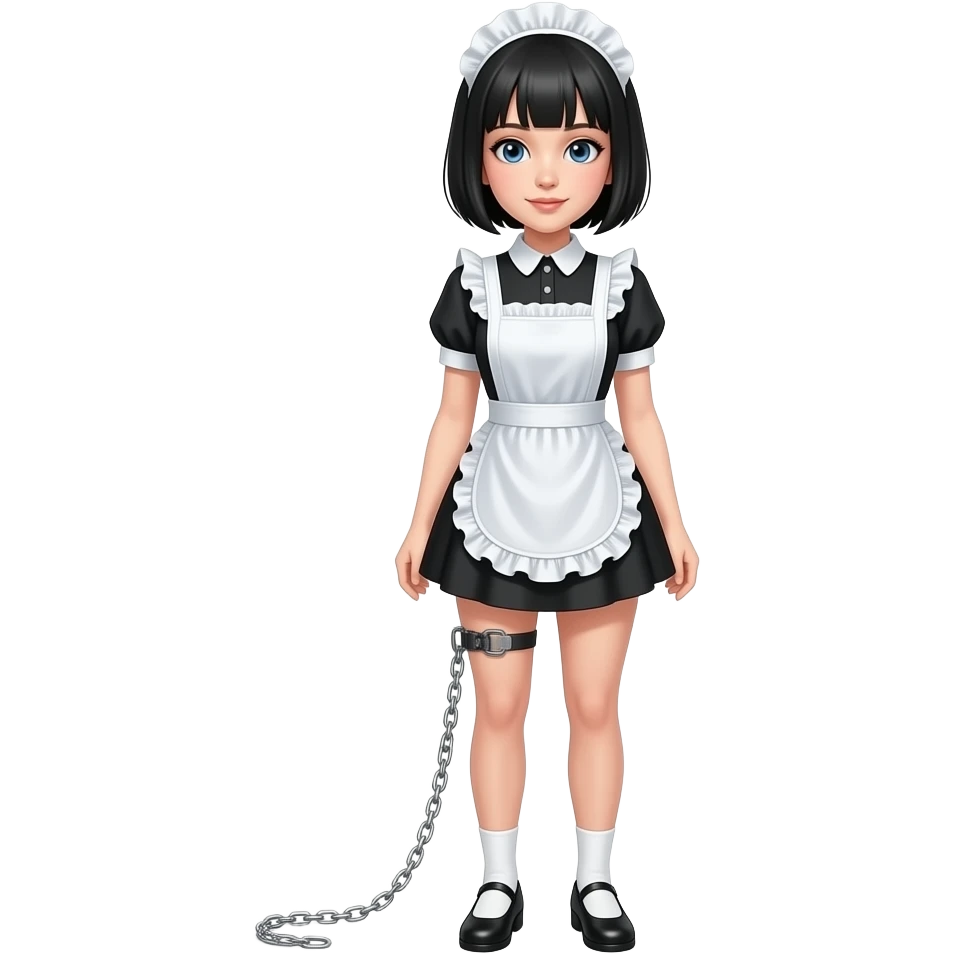 female maid, black pixie cut hair, chain attached to leg emoji