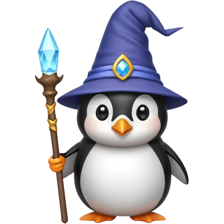 cute penguin wearing a wizard hat and holding a staff, emoji style emoji