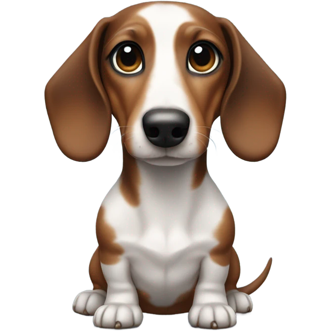 a dachshund, features a smooth coat with a white body patterned with dark brown patches and a brown head shaded with darker tones. With one blue eye  emoji