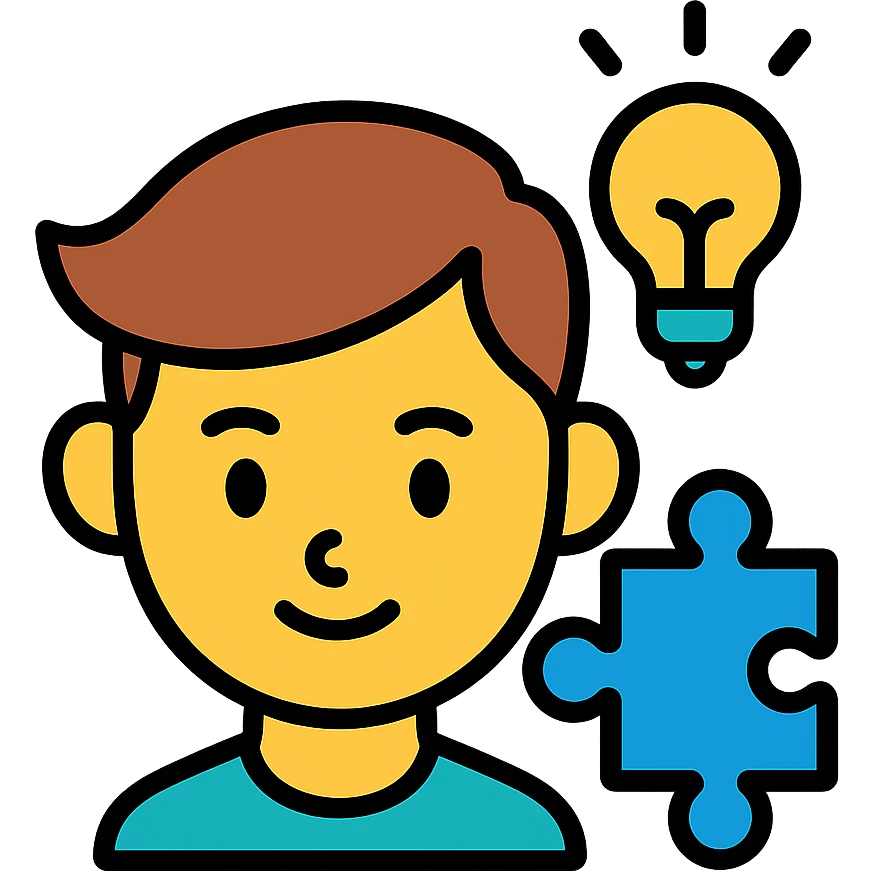 boy’s face with a puzzle piece and lightbulb, representing genius emoji