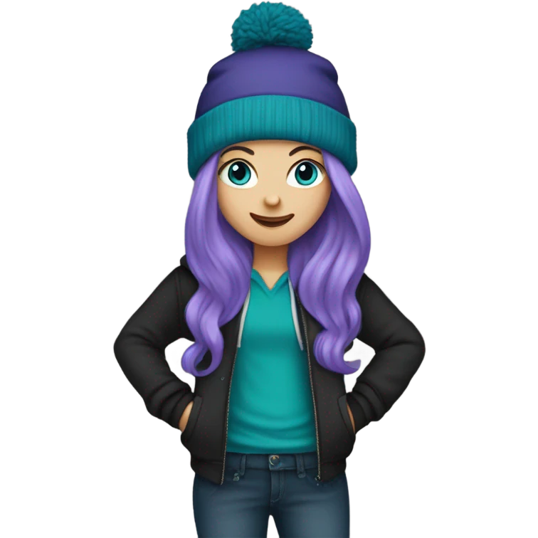 White girl, blue eyes, long teal hair, purple beanie hat, black hoodie, blue jeans, black shoes emoji