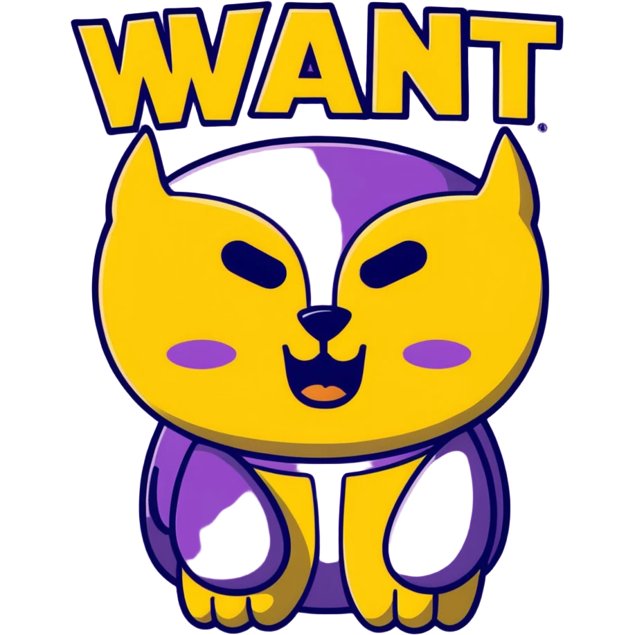 Purple Text saying “WANT” emoji