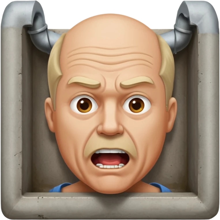 50 year old white male with an open mouth. No moustache—over his mouth is a square frame made of concrete connected to a drain pipe. He is proud and thinks his right, while being slightly angry because the joke is on him. emoji