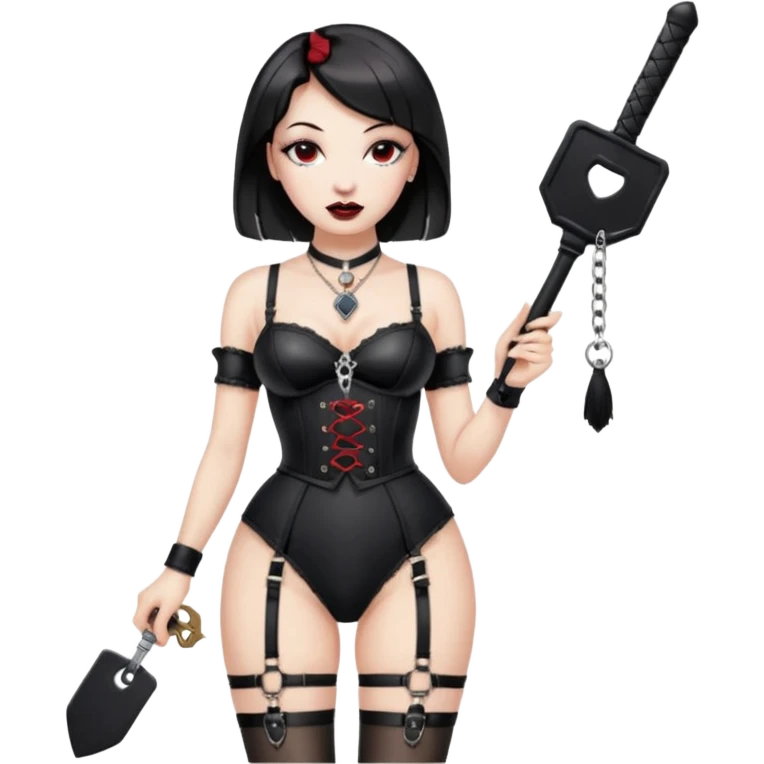 Dominatrix in stray black garter belt and stockings, wearing a house key on a necklace holding a small rectangular leather paddle emoji