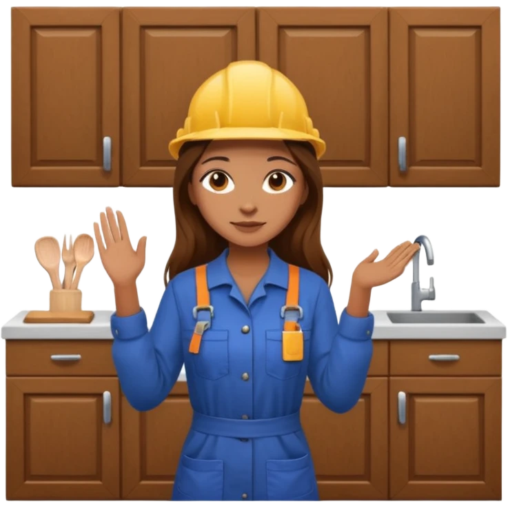 beautiful girl with long brown hair constructing new kitchen cabinets emoji