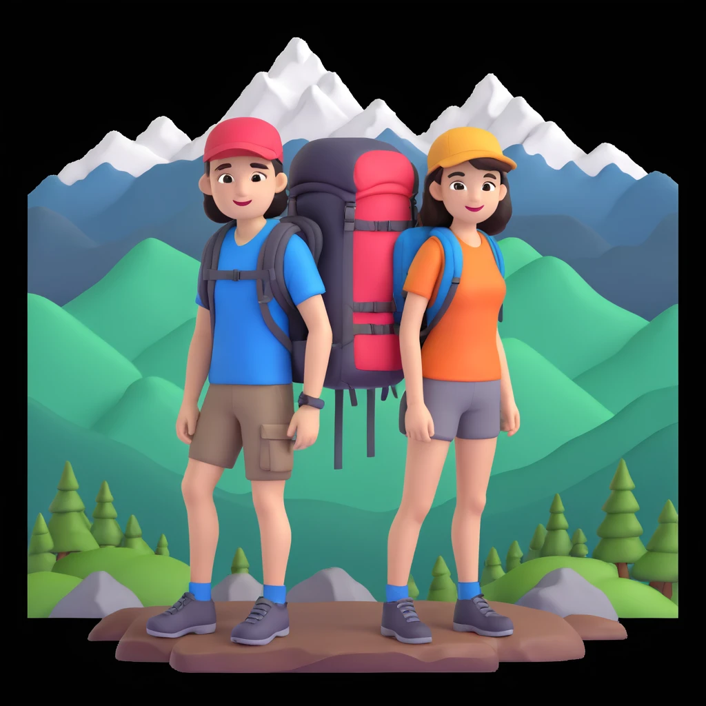 back packer couple posing, mountains in background,   close up pose emoji
