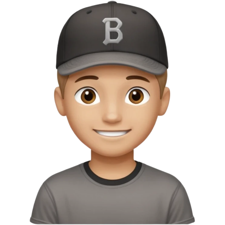 Create a teen boy wearing a faded black T-shirt. He will have light brown hair that is buzzed, tan skin, and dark brown eyes. He is wearing a gray baseball hat turned backwards. He is smiling emoji