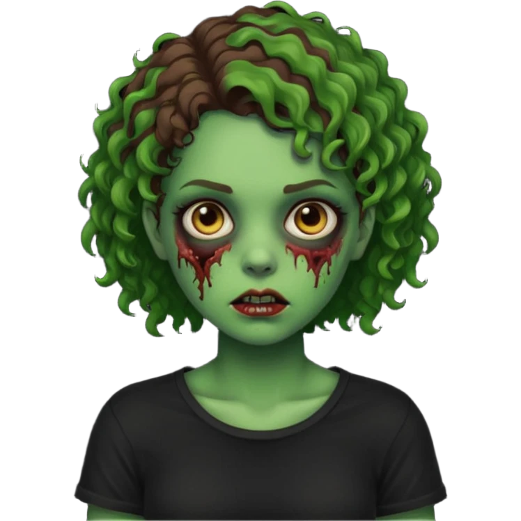 Zombie girl emoji verde com cabelo curto cacheado castanho no ombro com uma blusa preta emoji