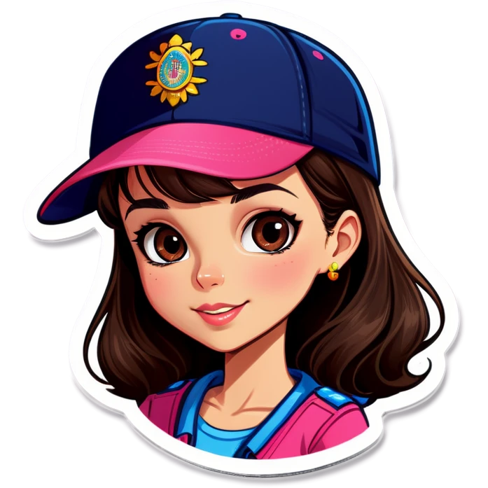 brunette girl latin with pink shirt tiny name tag and all navy blue hat emoji