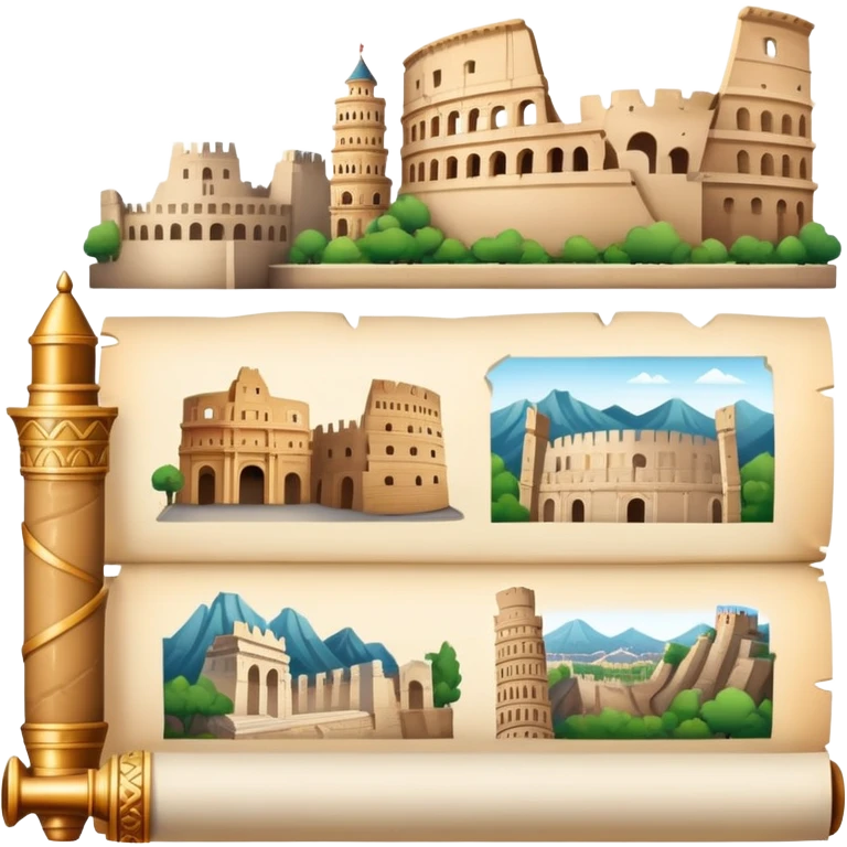 icon featuring an ancient scroll, quill pen with famous historical landmarks and monuments like the Great Wall and the Colliseum in the background. Historical figures are depicted as statues, symbolizing the study of history. Transparent background highlights the legacy of past civilizations. emoji