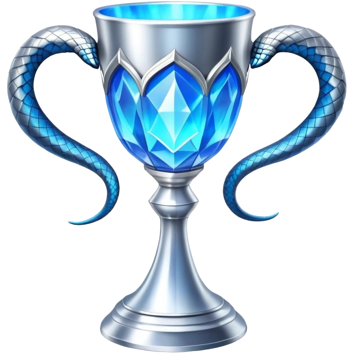movie-accurate Triwizard Cup trophy from Harry Potter, identical to film prop, wide silver goblet with angular geometric facets, two large curved silver snake handles on opposite sides, bright ethereal blue glow emoji