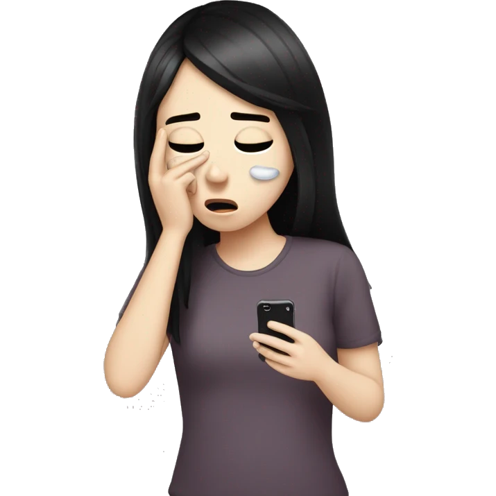 A girl with white skin and dark hair is crying, tears, holding her phone in her hand and pressing her finger on it and looking into it   emoji