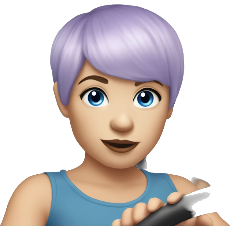 bangs lilac pixie cut hair girl with blue eyes, driving Cooper Mini Convertible  emoji