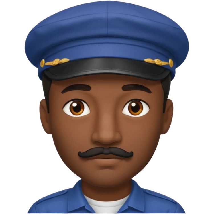 A dark-skinned man with a cap, brown eyes, and a thin black mustache. emoji