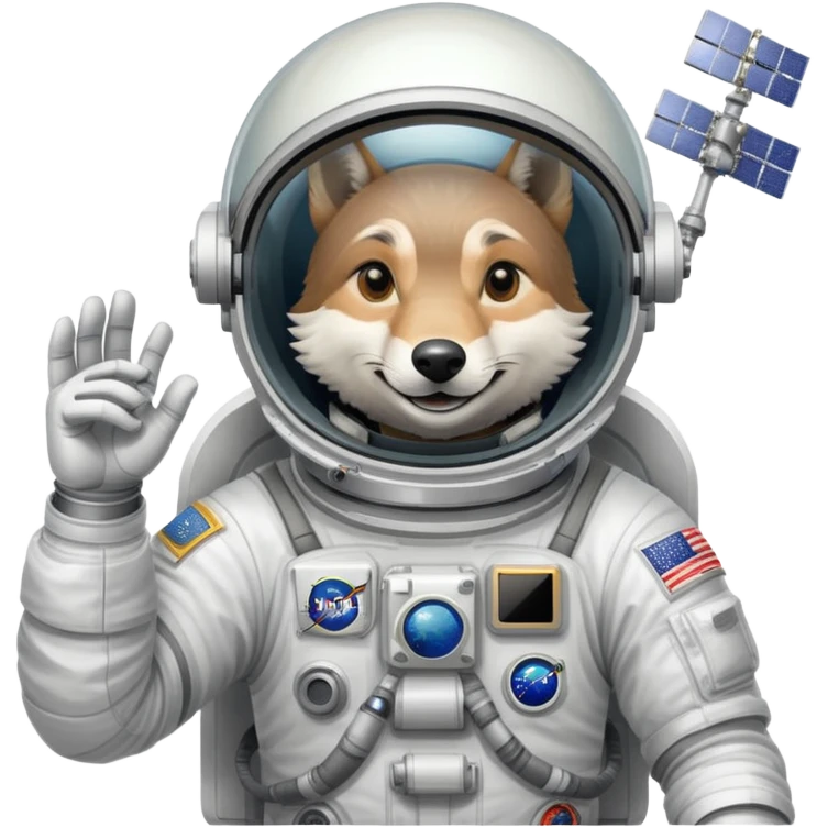 The astronaut wolf floats outside the space station, flashing a confident smile through his helmet, proud after fixing a satellite with just a wrench and a growl. emoji