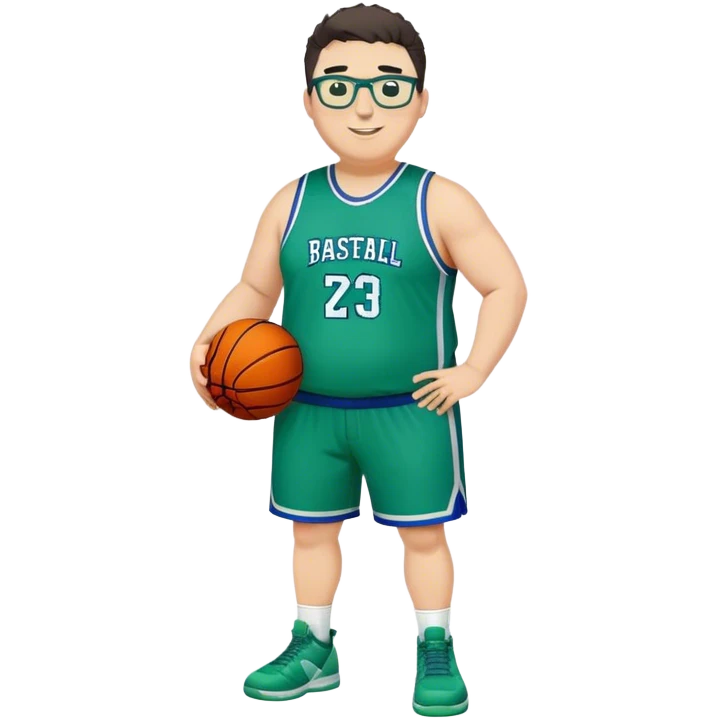 Full Body overweight white male with dark short spike hair basketball player wearing glasses wearing blue green uniform smiling emoji