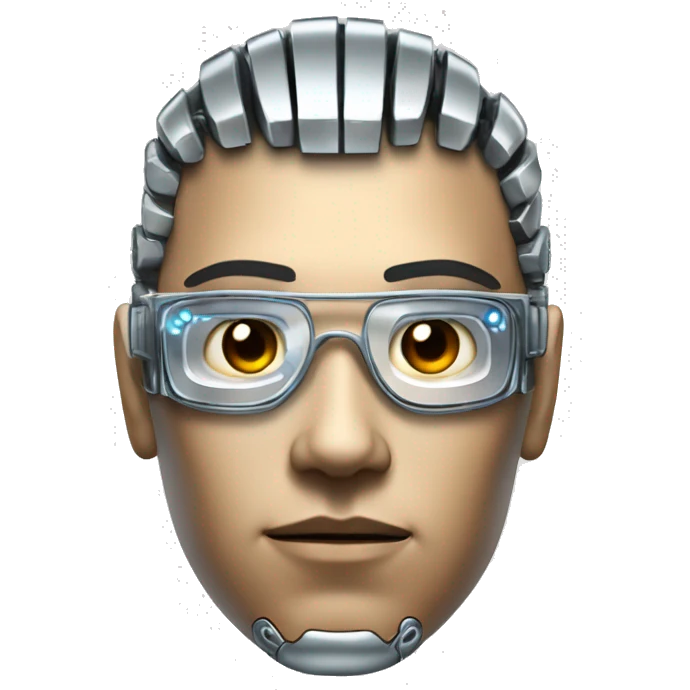 Male cyborg head with metallic skin, flat top, rectangular glasses and circuits emoji