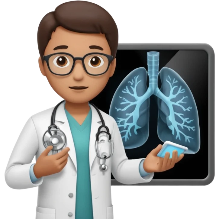 A 3D cartoon doctor examining a lung X-ray on a lightboard, medical room background, Memoji-style realism. emoji