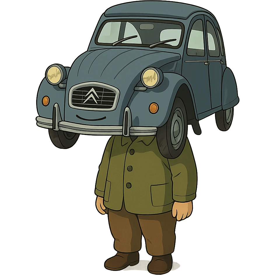 ghibli style character with a body and the face of a French automobile emoji