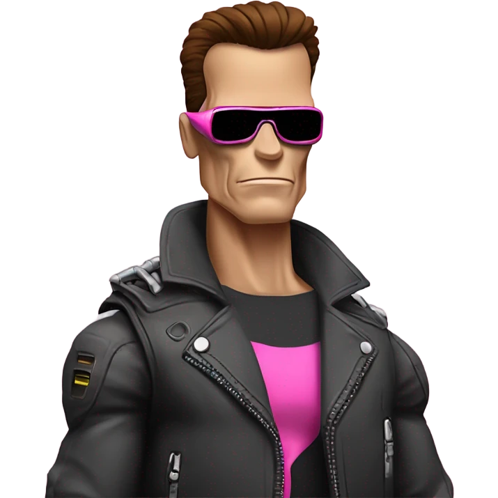 Schwarzenegger-like Terminator, upper body only, wearing his iconic clothes in pink, looking more human with minimal robotic details, and wearing dark sunglasses. emoji