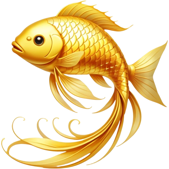 Mystical golden fish flowing in an omega shape, with its body transforming into streams of radiant energy that connect to a brain, heart, and joints. The fish appears magical and ethereal, with glowing scales and a luminous aura representing the essential nutrients of omega-3. emoji