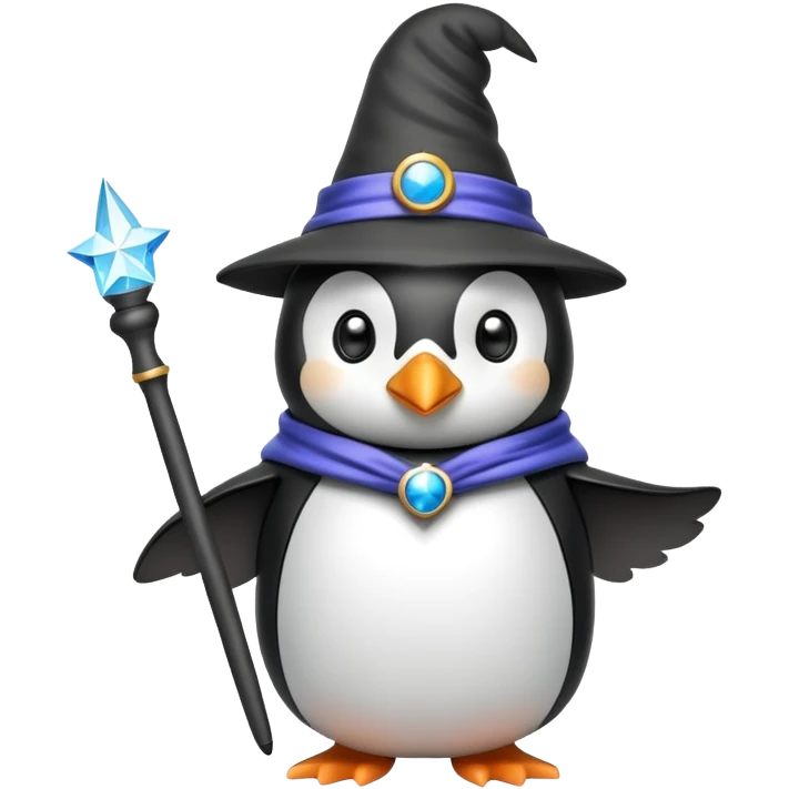 penguin wearing a wizard hat and holding a magic wand emoji