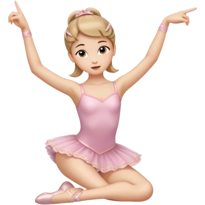 Una chica con vestuario de bailarina con las piernas flexionadas, el dedo índice en la boca, el tren superior inclinado hacia la izquierda y con la cadera proyectada hacia la izquierda emoji