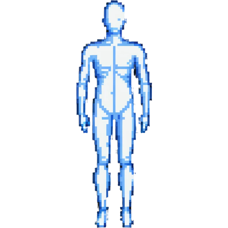 Pixelated human silhouette with digital scanning effect, blue grid lines mapping the body emoji