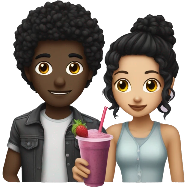people having a date over a smoothie, the girl has curly hair and the boy emo black hair emoji