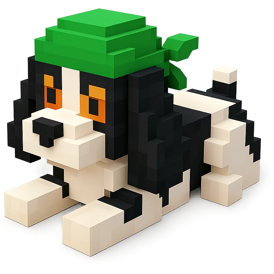 A black and white Russian Cocker Spaniel puppy wearing a grove street durag, voxel style, lying down emoji