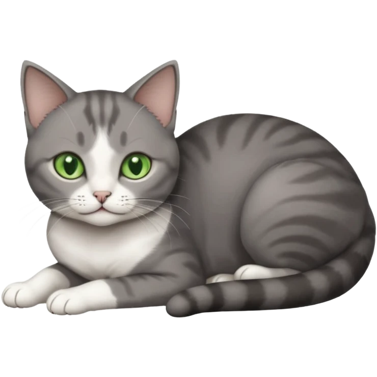 full body tiny short hair dark grey and white cat with white front legs and green  eyes lying down emoji