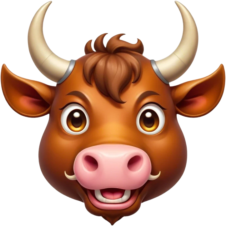 Cinematic Comical Domestic Ox Portrait Emoji, Head tilted dramatically with an exaggeratedly amused expression, featuring a striking, glossy hide with boldly curved horns and wide, expressive eyes brimming with playful disbelief, Simplified yet hilariously expressive features, highly detailed, glowing with a slightly sassy earthy glow, high shine, dramatic yet playful, stylized with an air of cheeky rural mischief, soft glowing outline, capturing the essence of a spirited and over-the-top ox that looks ready to charge its way into internet fame instantly! emoji